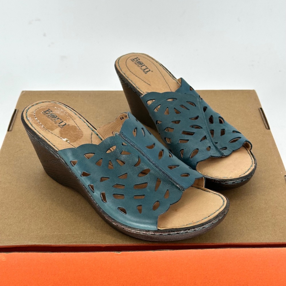 Born Blue Laser Cut Leather Wedge Slide Sandals Platform Cutout Geometric 8 M